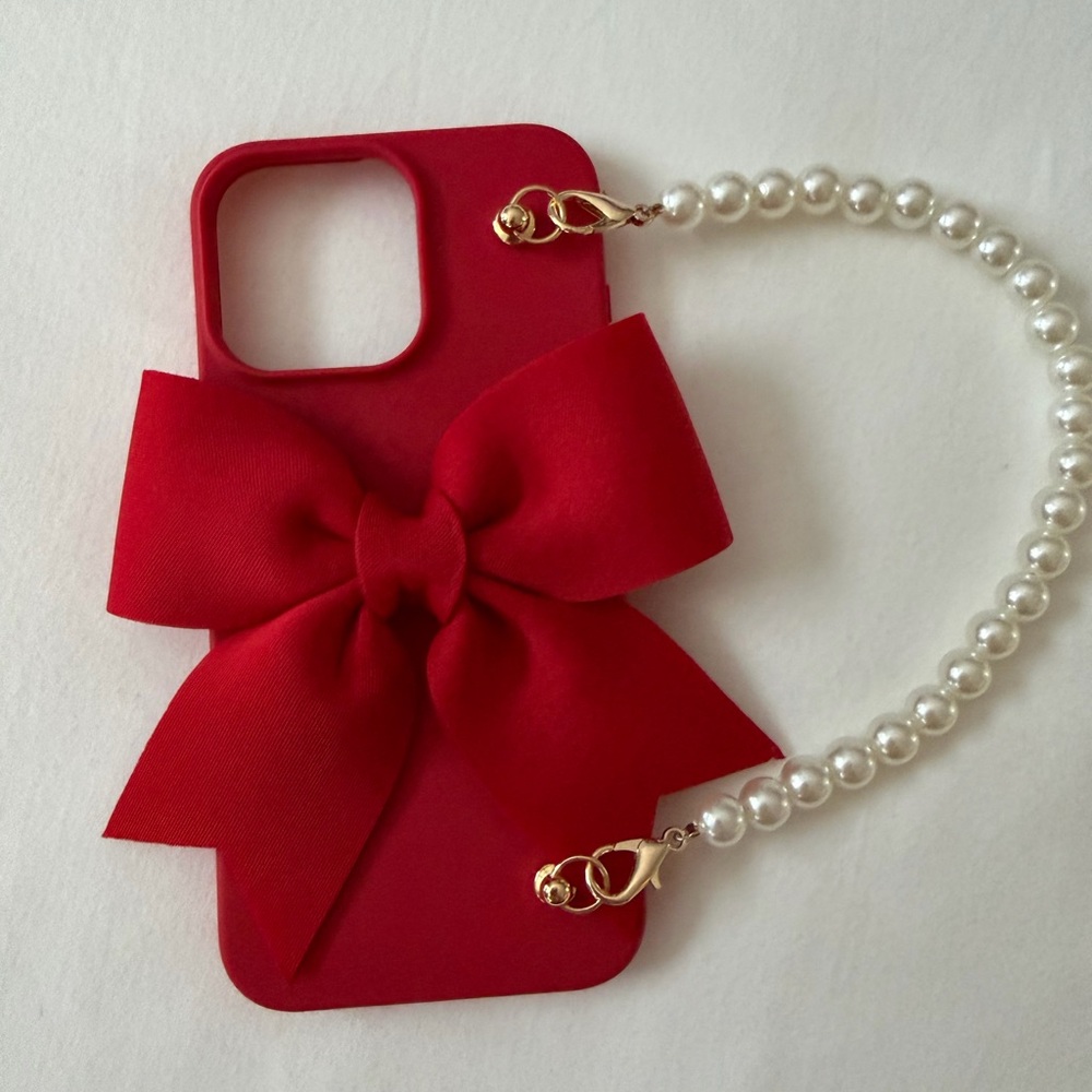 heyday Red Phone Case with Bow and Pearl Strap IPhone 16 Pro Max
